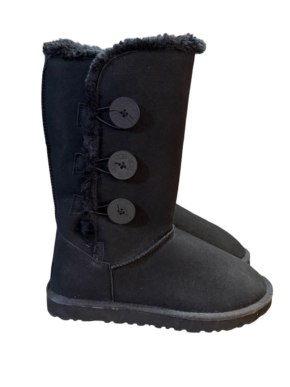 UGG Bailey Button Triplet II Tall Boots Black Suede Womenโs Size 8